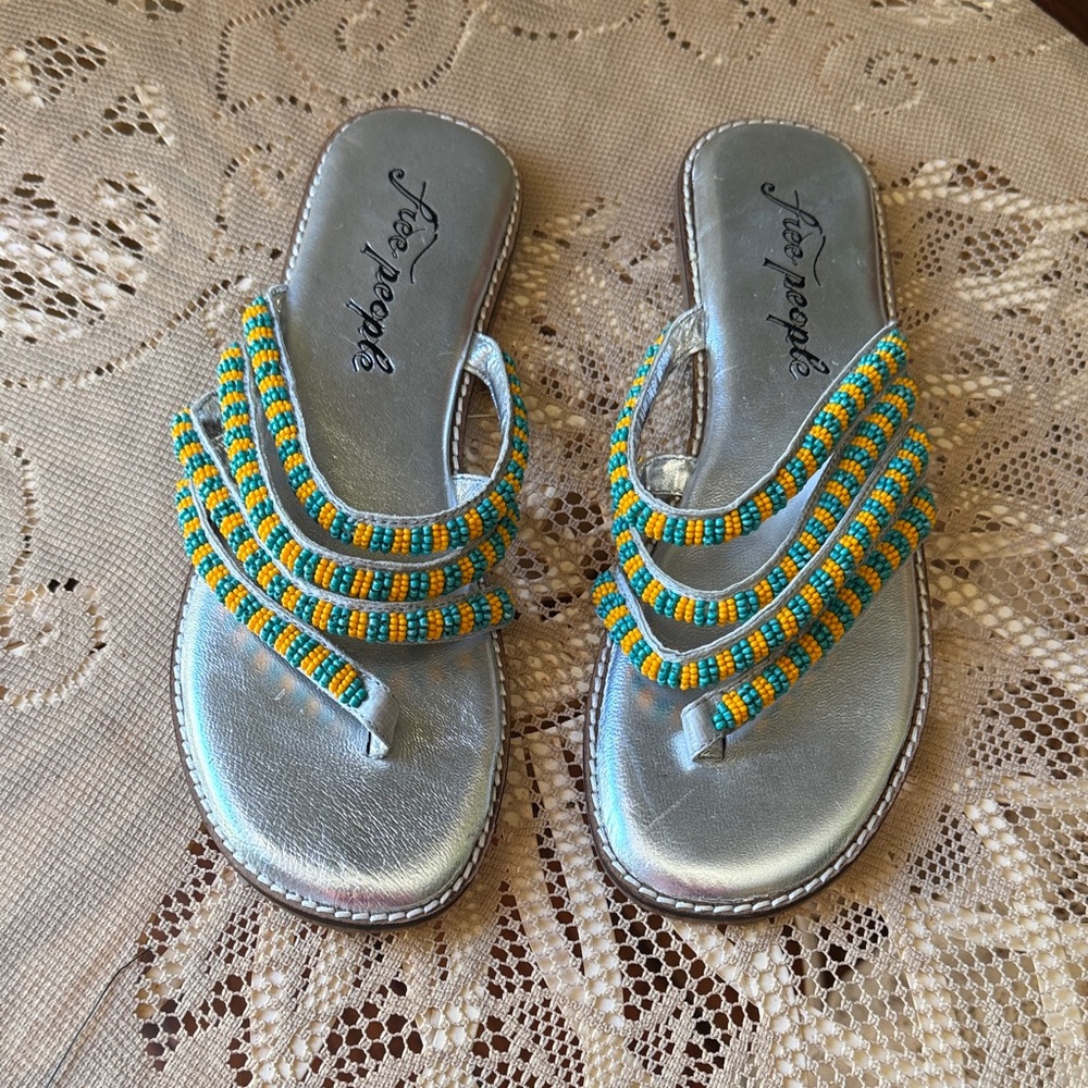 Free People Silver Sandals with Beaded Straps
